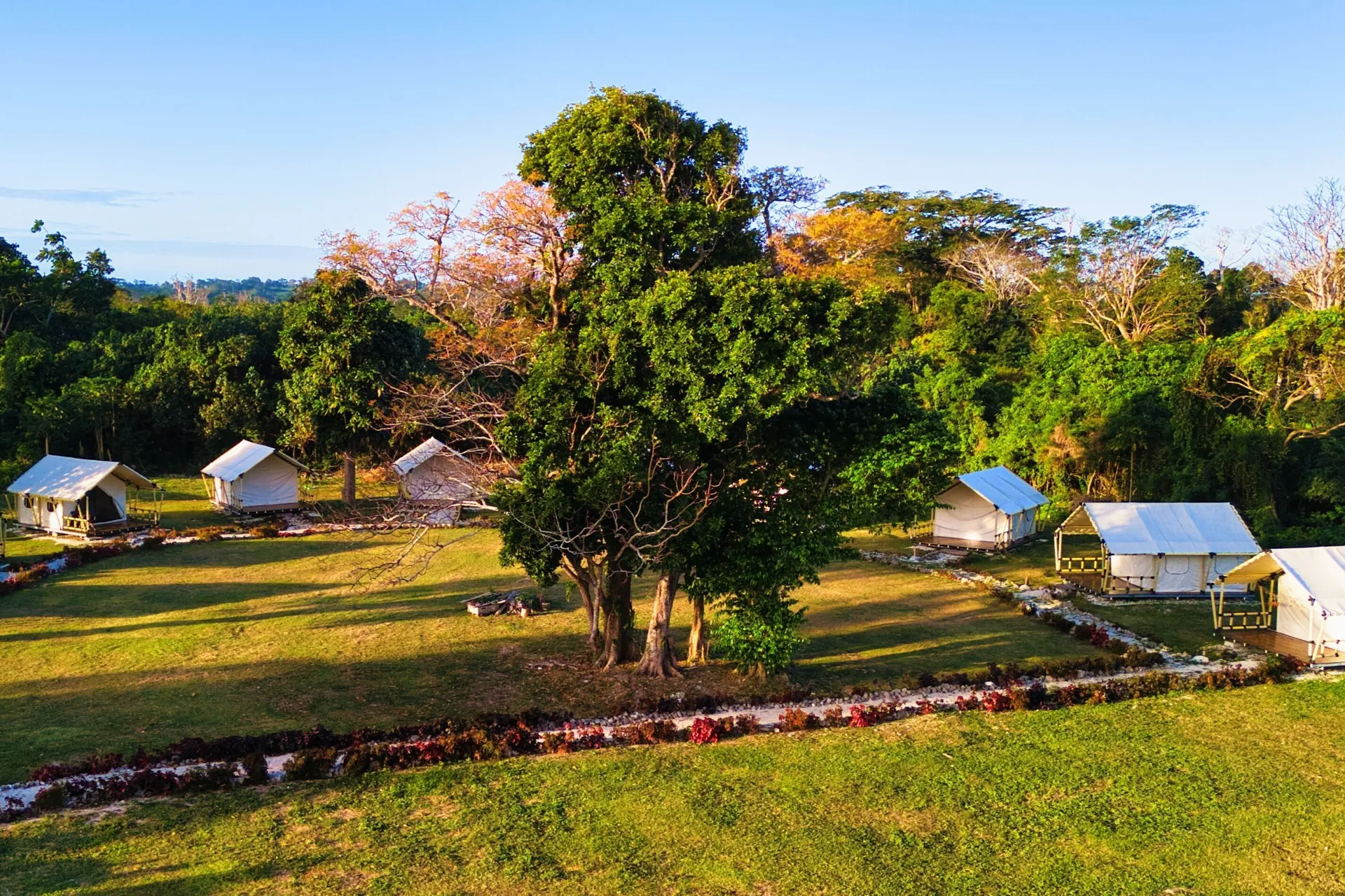 Serene glamping garden area with ocean views at Nawesa Resort Efate