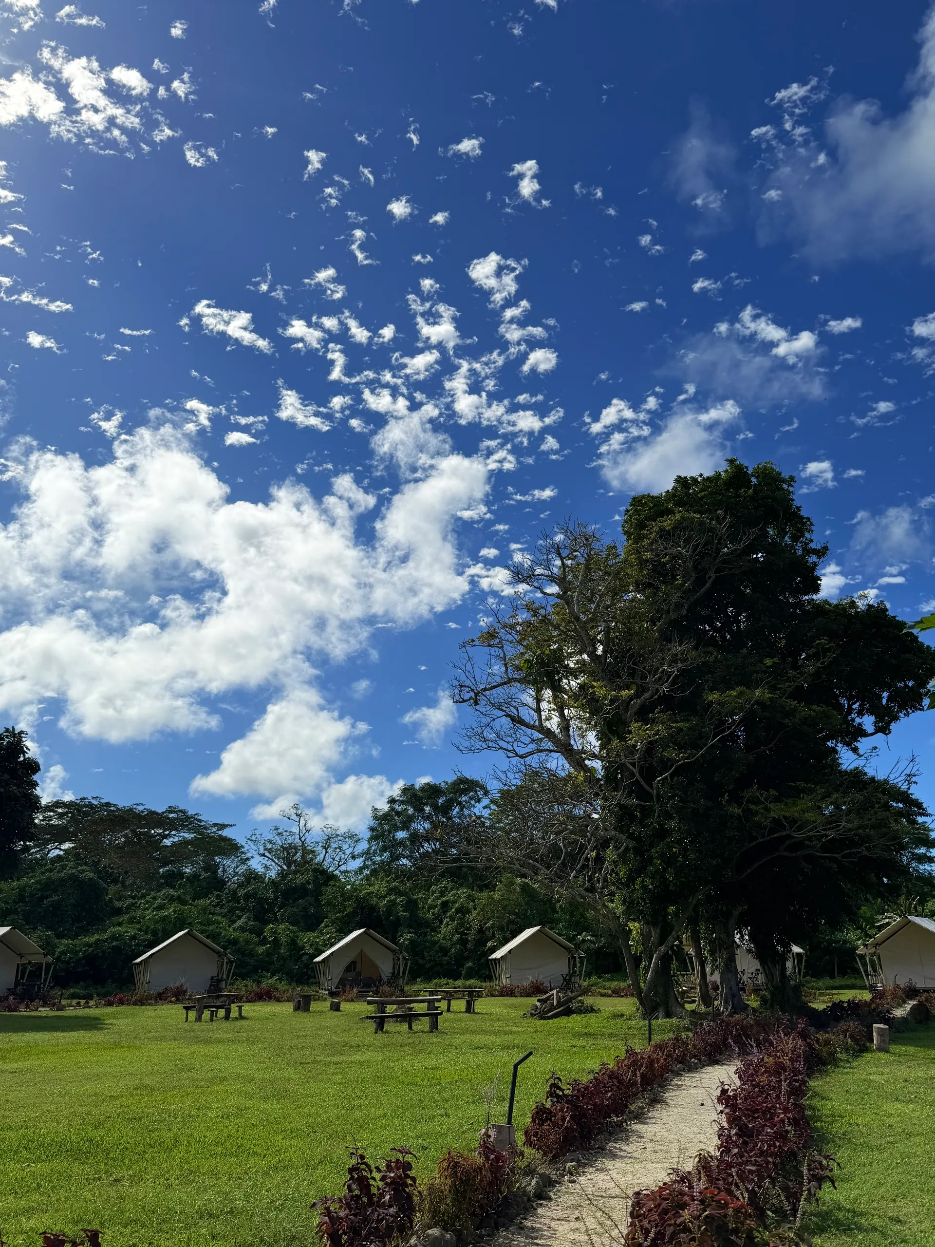 Glamping tents under blue sky