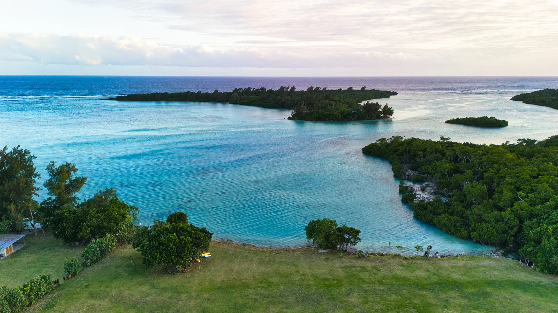 Aerial view of pristine Southeast Efate coastline near Nawesa Resort Vanuatu